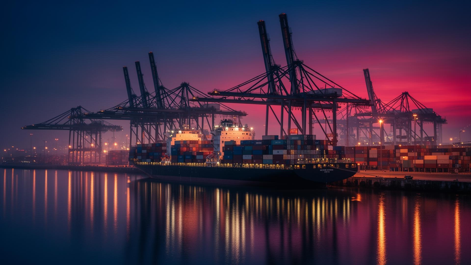 Global container port at blue hour